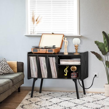 Lerliuo Record Player Stand with Charging Station Holds Up to 220 Albums, Large Turntable Stand with 4 Cabinet, Mid-Century Record Player Table,Black Vinyl Holder Storage Shelf for Bedroom Living Room Lerliuo