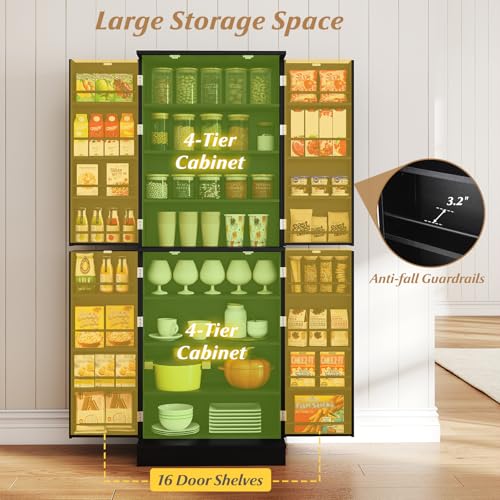 Giantex Kitchen Pantry Cabinet, 65.5" Tall Kitchen Hutch w/8-Tier Storage Cabinet, 16-Tier Door Shelves & Adjustable Shelves, 4-Door Freestanding Buffet Sideboard for Dining Room, Living Room (Black) Giantex