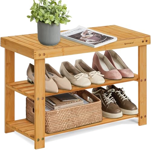 SONGMICS Shoe Rack Bench, 3-Tier Bamboo Shoe Storage Organizer, Entryway Bench, Holds Up to 286 lb, 11.3 x 27.6 x 17.8 Inches, for Entryway Bathroom Bedroom, Natural ULBS04N SONGMICS