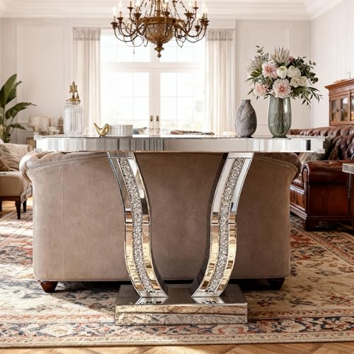 Maotifeys Mirrored Console Table with Crystal-Inlaid U-Shape Base Modern Elegant Silver Glass Entryway Tables for Living Room Luxury Accent Sofa Table with Curved Frame (Silver Table) Maotifeys