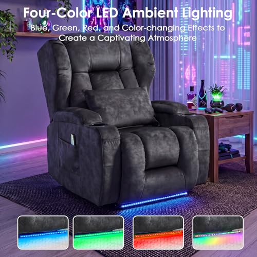 SAMERY Power Recliner Chair with Massage and Heat, Zero Wall Hugger Recliners Sofa Chair for Small Spaces, Theater Seating RV Sofa with LED Surround Lighting/USB/Cup Holders, Velvet, Charcoal