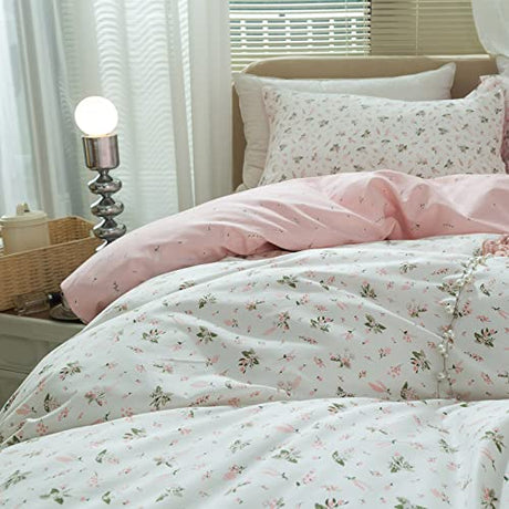 AMWAN Pink Floral Duvet Cover Full Size Cotton Garden Bedding Sets Kids Girls White Comforter Aesthetic Botanical Vintage Flower Print with Zipper Ties, Full (80''x90'') AMWAN