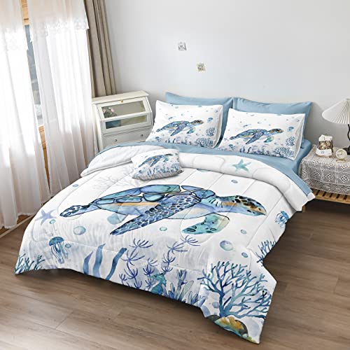 Ocean Themed Bedding Sets - 8 Pieces Queen Bed in A Bag - Teal Blue Turtle & Sea Horse Animal Cartoon Pattern Beach Coastal Bedding Comforter Bedorm