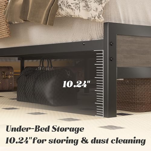 Fluest Queen Bed Frame with Headboard & Footboard, Bed Frame with Built-in Charging Station & LED Light, Storage Shelf, Noise-Free, No Box Spring Needed, Easy Assembly, Rustic Grey Fluest