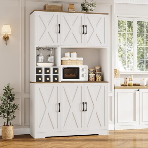 HOSTACK Kitchen Pantry Storage Cabinet, 71" Tall Food Pantry Cabinet with Microwave Stand, Farmhouse Kitchen Hutch Cabinet, Coffee Bar Hutch with Wine Rack for Dining Room, Living Room, White - WoodArtSupply