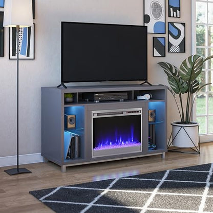 Ameriwood Home Lumina Fireplace TV Stand for TVs up to 48 Inch, Replaceable Electric Fireplace Insert Heater, Remote Control, Timer, Color Changing LED Lights, Crystal Ember Flames, Graphite Gray