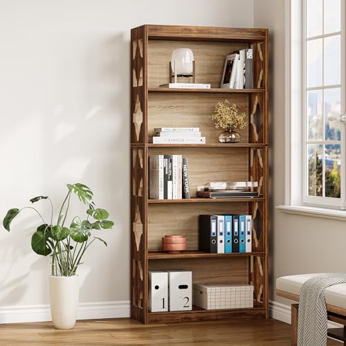 LITTLE TREE 69.9" Vintage Bookshelf, 5-Tier Tall Bookshelves, Cutout Design Vertical Bookcase, Freestanding Storage Display Shelf for Living Room, Bedroom, Study, Office, 1 Pack LITTLE TREE