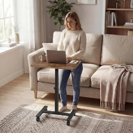 Small Portable Standing Rolling Desk - 24 Inch Mobile Stand Up Desk Adjustable Height on Wheels for Small Spaces, Couch Kids Laptop Desks End Side Table, Teacher Podium for Classroom, Rustic Brown WINAZ