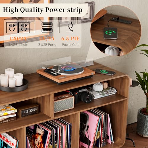 Boweniog Record Player Stand with Vinyl Storage Cabinet with Charging Station & USB Ports, Turntable Stand Table Holds Up to 350 Albums, Curved Vinyl Record Cabinet for Living Room (Walnut, 55-inch) Boweniog