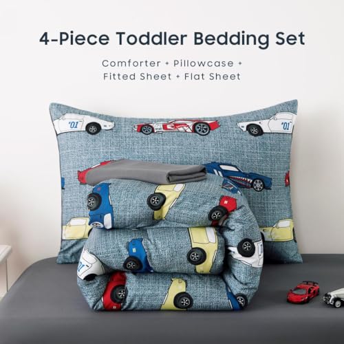 Wake In Cloud - Race Car Toddler Bedding Set for Boys, Cute Colorful Sports Car Supercar Wheels, 4 Pieces Soft Crib Bed Set Including Comforter, Sheets and Pillowcase, Gray Wake In Cloud