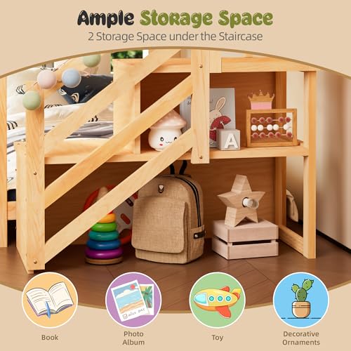TOLEAD Low Bunk Bed Twin Over Twin, Floor Bunk Beds with Storage Staircase and Guardrails, Wooden Low Bunk Bed with Hanging Bar for Juniors, Boys, Girls, Kids, Natural Wood TOLEAD