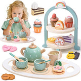 Atoylink Wooden Tea Party Set for Little Girls 28 Pcs Toddler Tea Set with Cupcake Stand & Food Pretend Play Accessories Kids Kitchen Playset Wooden Toys for 2 3 4 5 6 Year Old Girl Birthday Gift Atoylink