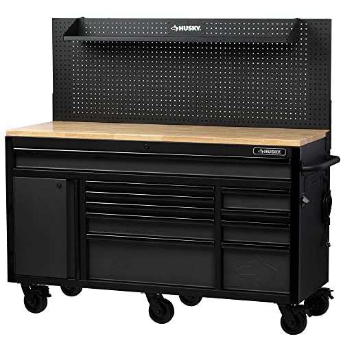 Husky 61 in. W 23 in. D 10-Drawer 1-Door Mobile Workbench with Solid Wood Top and Flip-Up Pegboard in Textured Black HuskyTool