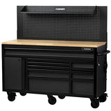 Husky 61 in. W 23 in. D 10-Drawer 1-Door Mobile Workbench with Solid Wood Top and Flip-Up Pegboard in Textured Black HuskyTool