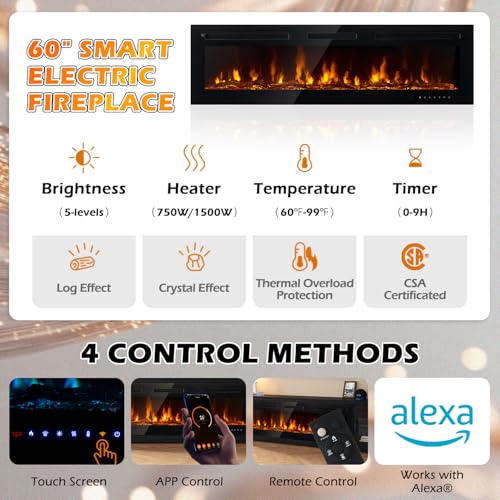 oneinmil 90" Fireplace TV Stand, 60 Inch Smart Fireplace & Modern Entertainment Center, Fire Place TV Console with WI-FI Enabled for TVs Up to 100", TV Stands for Living Room, Black oneinmil