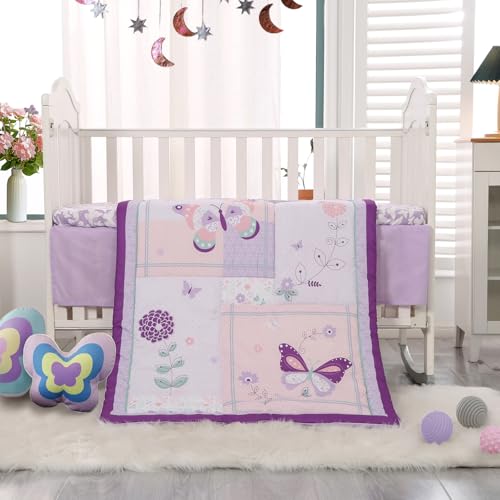 Wowelife Girl Crib Bedding Set, Butterfly Baby Girl Nursery Bedding Set, Premium Purple Baby Bedding Set, Baby Girl Cot Bed Set Include Quilted Comforter, Crib Skirt and Crib Sheet, Purple Wowelife