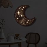 Wooden Moon Wall Art Decor, Boho Wooden Moon Phase Stars LED Lamp Wall Hanging Decor Sign, Wood Carving LED Night Light Wall Sculptures, 3D Home Wall Art Decoration for Kids Bedroom Living Room (A) Jocaluyia