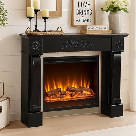 HOMEDIARY 44.5" Fireplace Mantel, Freestanding Fireplace Surround with Leg for Electric Fireplaces, MDF Mantel Surround with Shelf for Living Room with Decorative Pattern, Anti-Tipping & Waterproof HOMEDIARY