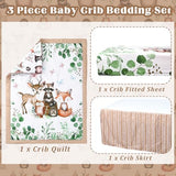 Hahafelt 3 Pcs Baby Crib Bedding Set Safari Animals Dinosaurs Bear Woodland Animals Jungle Crib Set Includes Quilt, Fitted Sheet, Skirt for Baby Boy Girl(Green,Woodland Raccoons Deer Etc.) Hahafelt