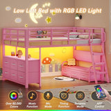 Dnxao Low Twin Loft Bed with Desk,9 Storage Drawers,Kids Loft Bed with 15.8" H Safety Guardrail,Twin Bed Frames for Kids with LED Lights and Charging Station,Under-Bed Play Space,Pink Dnxao