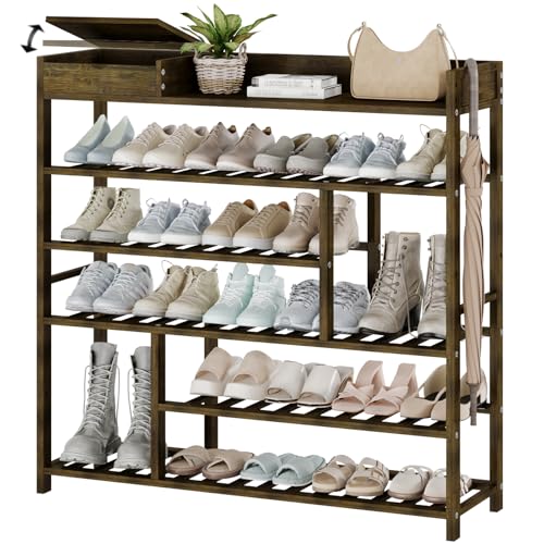 Bamworld Shoe Rack for Front Door Entrance Bamboo Shoe Organizer with Storage Box Free Standing Shoe Cabinet Wooden Shoe Storage Shelf for entryway, Closet and Doorway (Dark Brown) Bamworld