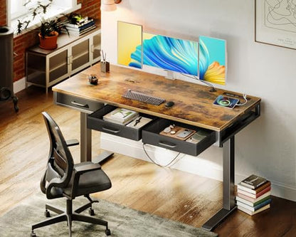 AODK Electric Standing Desk with Drawers, 55 Inch Height Adjustable Desk with Power Outlets, Sit Stand Table, Writing Computer Desk for Home, Office, Workstation, Rustic Brown - WoodArtSupply