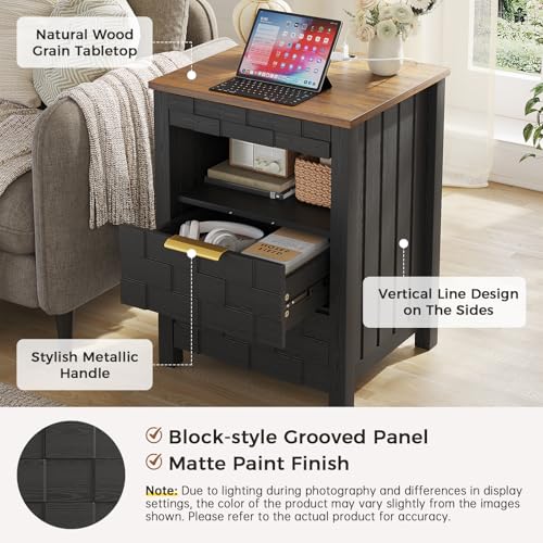 Dystler Nightstand with Gun Drawer - Bedside Table with Charging Station and 2 Drawers, Smart Side Table with 3-Color Human Sensor LED Lights for Bedroom, Black Dystler