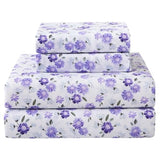 Softan Puple Floral Twin Sheet Set, 3-Piece Microfiber Printed Fitted Sheet with 15" Deep Pockets & Non-Slip Straps, White Flower Patterned Single Bedding Sheets & Pillowcase Set Softan