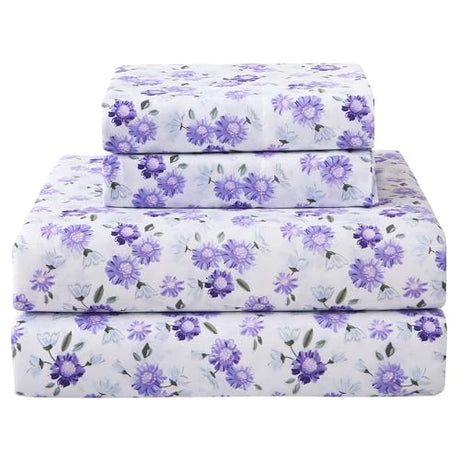 Softan Puple Floral Twin Sheet Set, 3-Piece Microfiber Printed Fitted Sheet with 15" Deep Pockets & Non-Slip Straps, White Flower Patterned Single Bedding Sheets & Pillowcase Set Softan