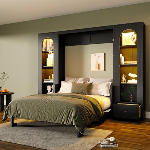 Merax Queen Size Murphy Platform Bed with Shelf, Side Cabinets, Drawers and LED, Black Merax
