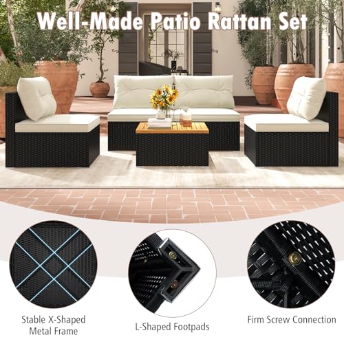 Tangkula 5 Piece Rattan Sofa Set, Patiojoy Outdoor Wicker Furniture Set with Seat & Back Cushions, Square Coffee Table, Patio Sectional Sofa Set for Backyard, Poolside, Garden Tangkula