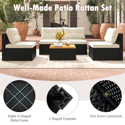 Tangkula 5 Piece Rattan Sofa Set, Patiojoy Outdoor Wicker Furniture Set with Seat & Back Cushions, Square Coffee Table, Patio Sectional Sofa Set for Backyard, Poolside, Garden - WoodArtSupply