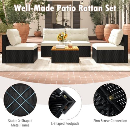 Tangkula 5 Piece Rattan Sofa Set, Patiojoy Outdoor Wicker Furniture Set with Seat & Back Cushions, Square Coffee Table, Patio Sectional Sofa Set for Backyard, Poolside, Garden - WoodArtSupply