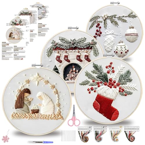 QBQBQ 4 Sets Christmas Embroidery Kits for Adults, Embroidery Kit for Beginners, Cross Stitch Kits for Beginners with Pattern, Needles, Threads, Tools (Christmas Kits B)