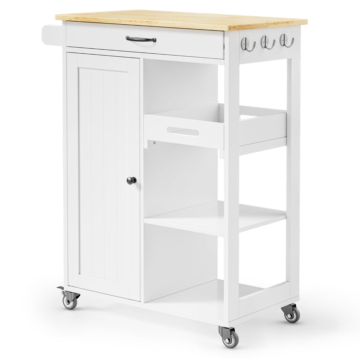 Gizoon Kitchen Island Cart with Removable Tray, 27.6''W Rolling Utility Trolley Cart with Drawer, Cabinet, Towel Rack, Hooks and 3 Open Storage Shelves, Mobile Storage Cart for Dining Room, Bar, White Gizoon
