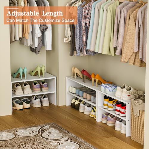 2-Tier Small Shoe Rack Organizer for Closet, White Expandable Shoe Shelf, Stackable Iron Wood Combination Shoe Racks Shelves for Closets, Entryway,Small Space,Hallway,Garage,6-12 Pairs,Patent Pending Cidaziya