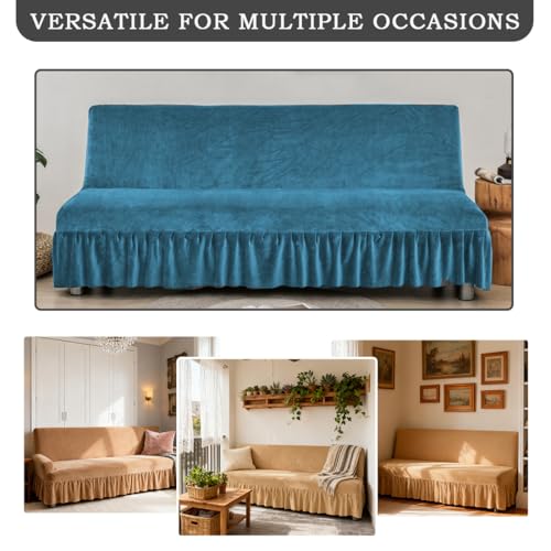 Daunkang Stretch Armless Futon Cover with Skirt Ruffled Sofa Bed Slipcover Washable Folding Futon Sofa Covers Furniture Bed Protector with Elastic Bottom for Kids Pets Large Lake Blue Daunkang
