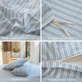 BESTDESIL Luxury 100% Washed Cotton Linen Like Duvet Cover Set,3 Pcs Striped Duvet Cover with Zipper Closure(Strip-Cornflower Blue/White,Queen) BESTDESIL