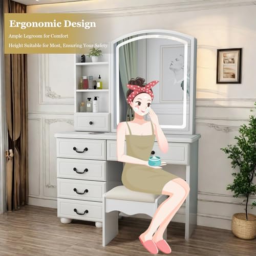 Runboll Elegant Vanity Desk with Lighted Mirror, 6 Drawer White Dressing Table Set for Bedroom, Features Adjustable 3-Color LED Lights, Perfect Makeup Vanity with Storage Runboll