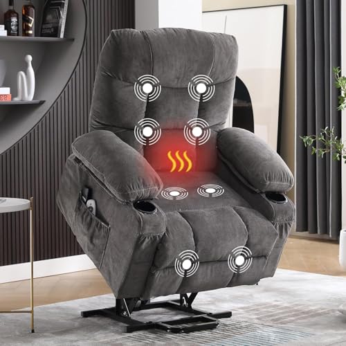 Ultra Wide Power Lift Recliner Chair for Elderly,Rotating Lounge Chair with Hot Massage Heating and Auxiliary Standing Function,Oversized Lazyboy Single Sofa with Cup Holder for Living Room (Grey) Anwick