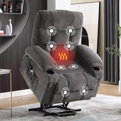 Ultra Wide Power Lift Recliner Chair for Elderly,Rotating Lounge Chair with Hot Massage Heating and Auxiliary Standing Function,Oversized Lazyboy Single Sofa with Cup Holder for Living Room (Grey) Anwick