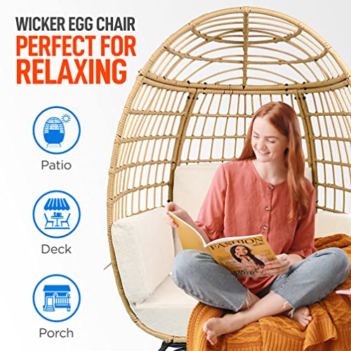 SereneLife Wicker Rattan Egg Chair – Elegant Indoor/Outdoor White Sofa Chair with 4 Plush Cushions, Durable Powder-Coated Steel Frame, Contemporary Design, Supports up to 440lbs SereneLife