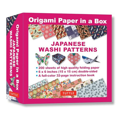 Origami Paper in a Box - Japanese Washi Patterns: 200 Sheets of Tuttle Origami Paper: 6x6 Inch Origami Paper Printed with 12 Different Patterns: 32-page Instructional Book of 10 Projects WoodArtSupply