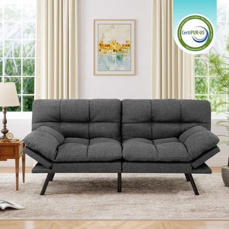 MUUEGM 71" Futon Sofa Bed with Memory Foam,Futon Couch with Adjust Backrest and Armrest, Couches Bed for Living Room,Studios, Apartments, Dormitories, Offices and Game Rooms. Dark Gray Sofa Bed MUUEGM