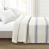 Lush Decor Farmhouse Stripe Kantha Pick Stitch Cotton Quilt/Coverlet Single Full/Queen, Navy - Striped Bedding Queen Quilt - Queen Blanket For Bed Lush Decor