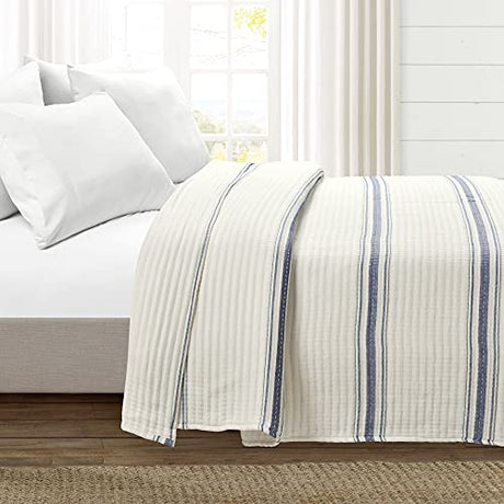 Lush Decor Farmhouse Stripe Kantha Pick Stitch Cotton Quilt/Coverlet Single Full/Queen, Navy - Striped Bedding Queen Quilt - Queen Blanket For Bed Lush Decor