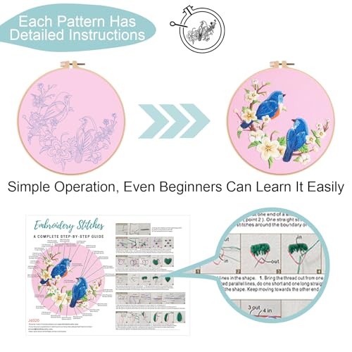 Nuberlic 3 Pack Embroidery Kit for Beginner Adults, Cross Stitch Set with Cardinal & Blue Bird Patterns, Includes Cloth, Hoops, Threads, Needles, Instructions