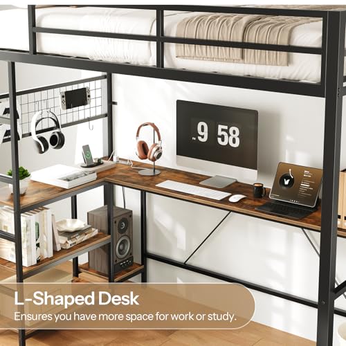 HOOBRO Twin Size Loft Bed with Ladder and Guardrail, Metal Bunk Bed with Desk, LED Lights and Charging Station for Teens, Adults, Space Saving, No Box Spring Needed, Black and Rustic Brown HOOBRO