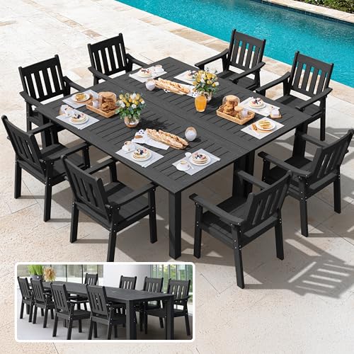 YEFU HIPS Patio Table Set: 10 Piece Outdoor Table and Chairs Dining Furniture Set with Umbrella Hole - Black Modern Plastic Dining Sets 8 Person for Outside Deck with Metal Aluminum Frame YEFU