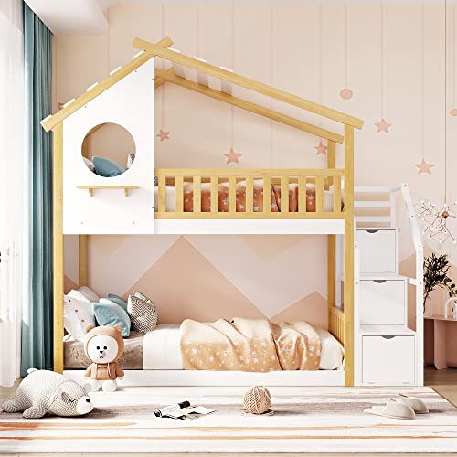 Harper & Bright Designs Twin Over Twin Bunk Bed with Stairs, Stairway House Bunk Bed Frame with Storage and Guard Rail for Kids Girls Boys (Natural and White) Harper & Bright Designs